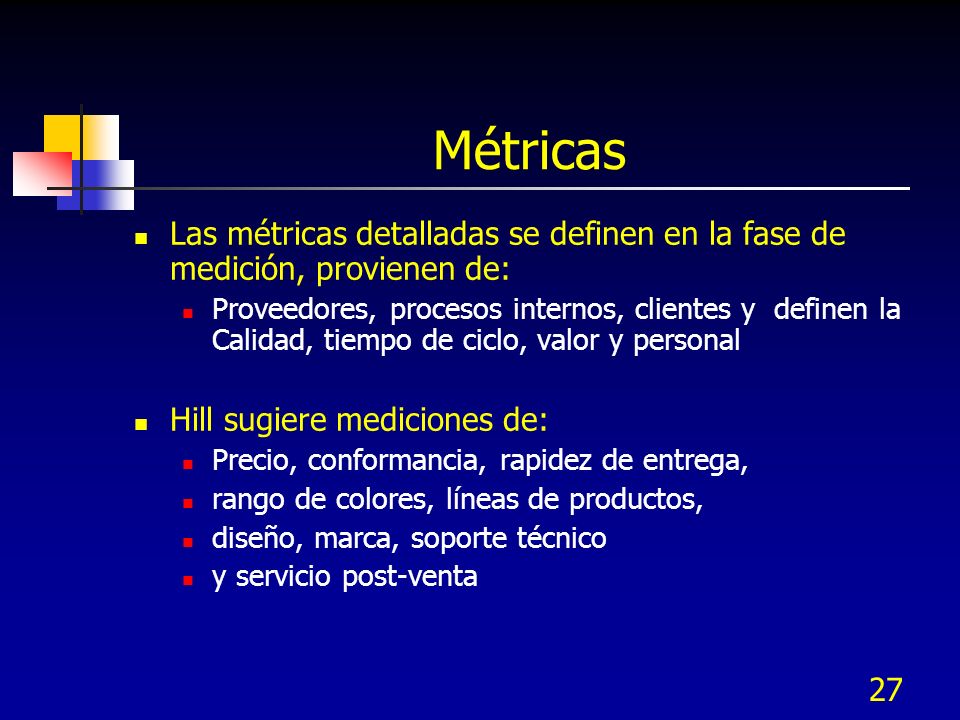 Métricas Las métricas detalladas se definen en la fase de medición, provienen de: