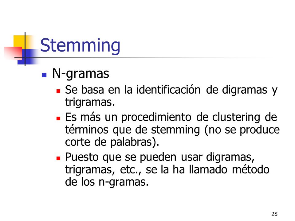 Stemming N-gramas. Se basa en la identificación de digramas y trigramas.