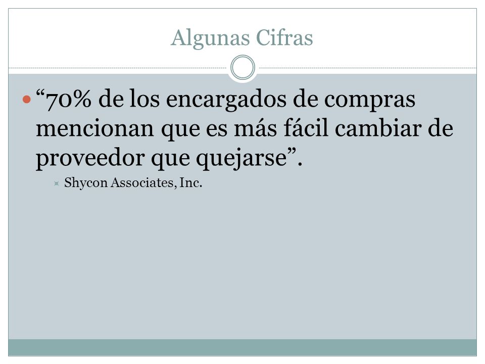Algunas Cifras 70% de los encargados de compras mencionan que es más fácil cambiar de proveedor que quejarse .