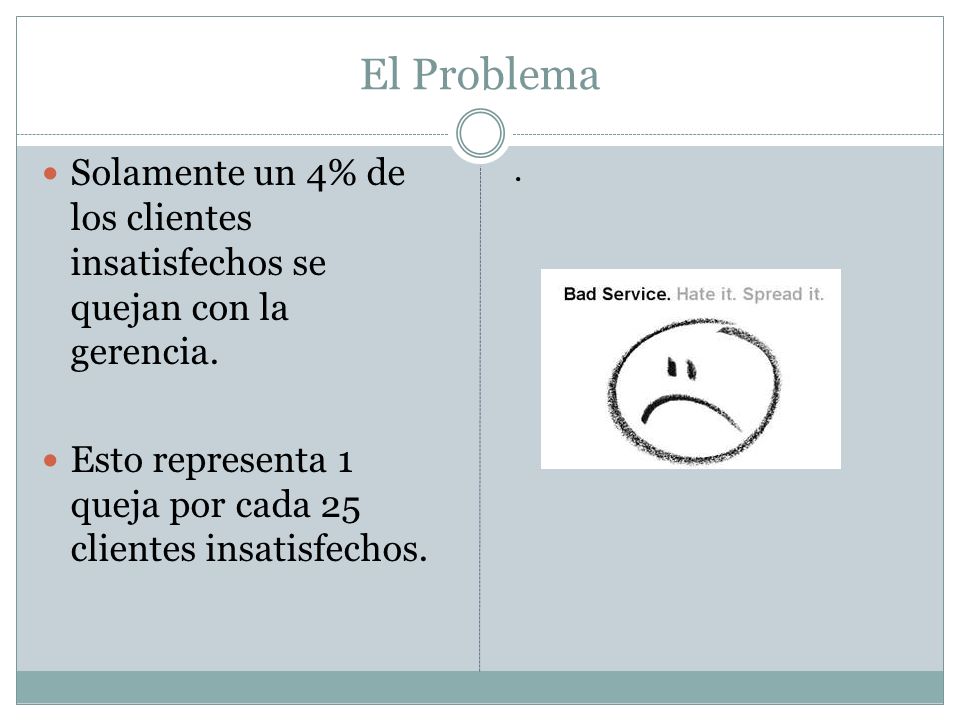 El Problema Solamente un 4% de los clientes insatisfechos se quejan con la gerencia. Esto representa 1 queja por cada 25 clientes insatisfechos.
