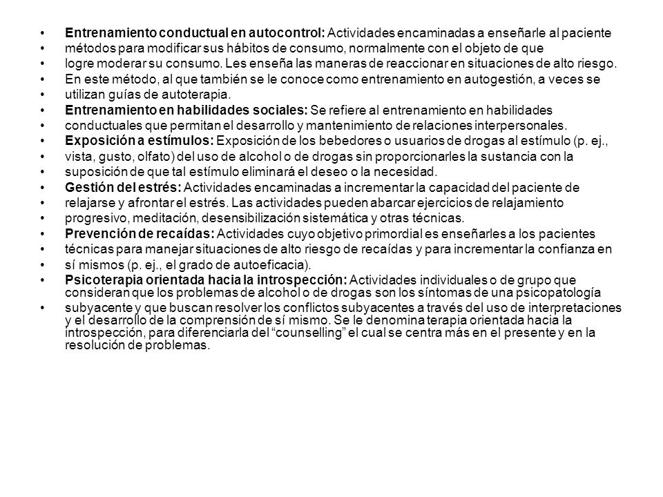 Entrenamiento conductual en autocontrol: Actividades encaminadas a enseñarle al paciente