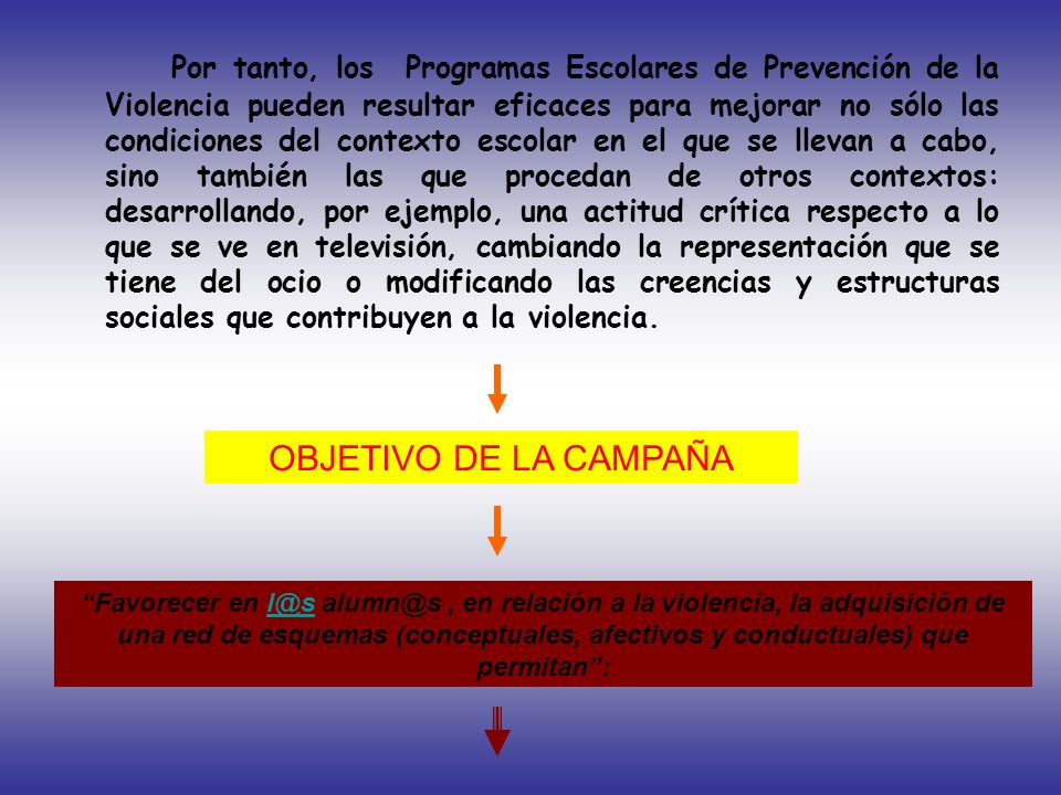 Por tanto, los Programas Escolares de Prevención de la Violencia pueden resultar eficaces para mejorar no sólo las condiciones del contexto escolar en el que se llevan a cabo, sino también las que procedan de otros contextos: desarrollando, por ejemplo, una actitud crítica respecto a lo que se ve en televisión, cambiando la representación que se tiene del ocio o modificando las creencias y estructuras sociales que contribuyen a la violencia.