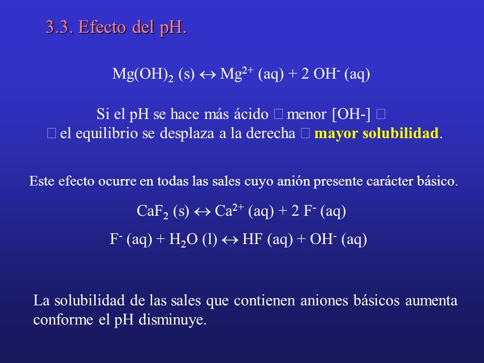 3.3. Efecto del pH. Mg(OH)2 (s) « Mg2+ (aq) + 2 OH- (aq)