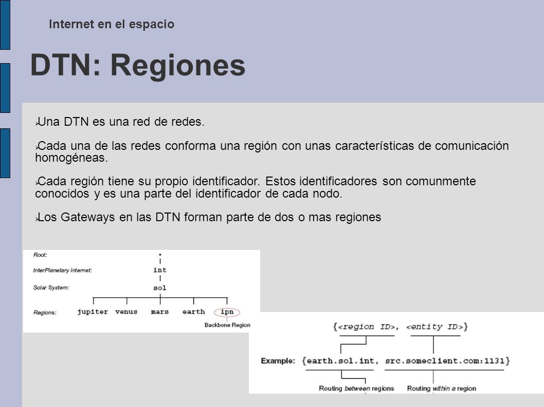 DTN: Regiones Internet en el espacio Una DTN es una red de redes.