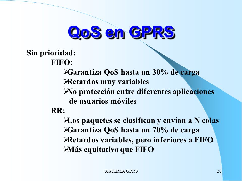 QoS en GPRS Sin prioridad: FIFO: Garantiza QoS hasta un 30% de carga