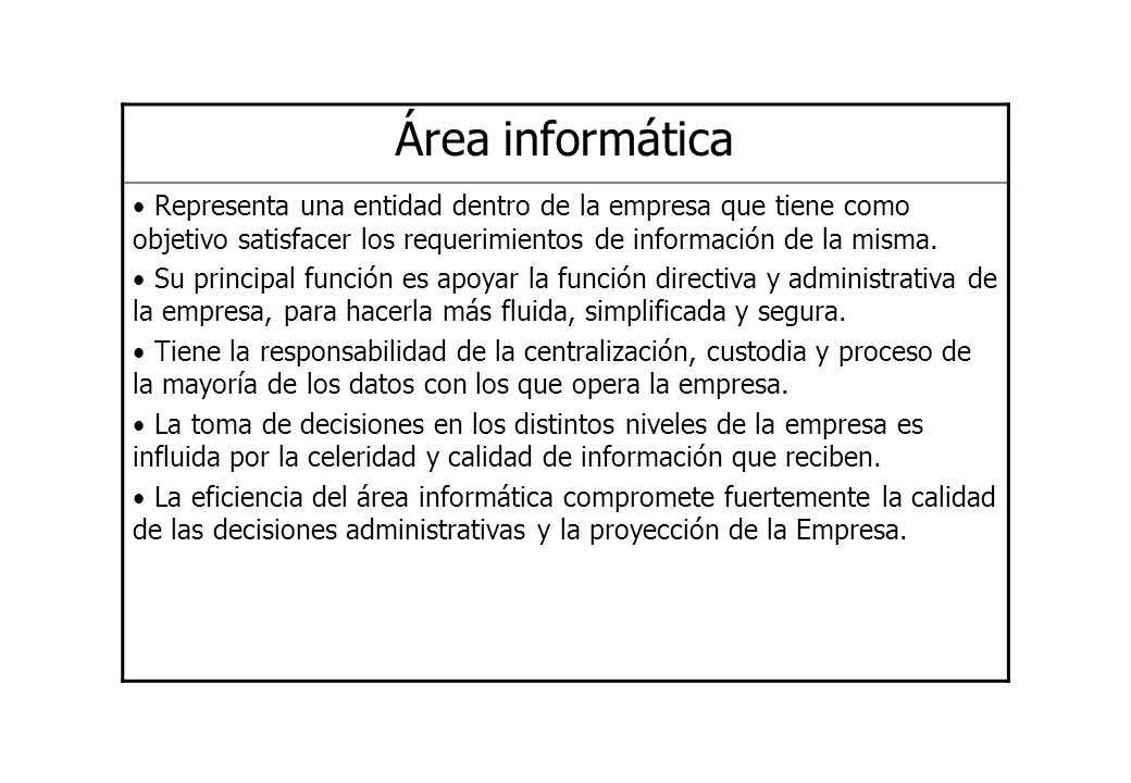 Área informática Representa una entidad dentro de la empresa que tiene como objetivo satisfacer los requerimientos de información de la misma.