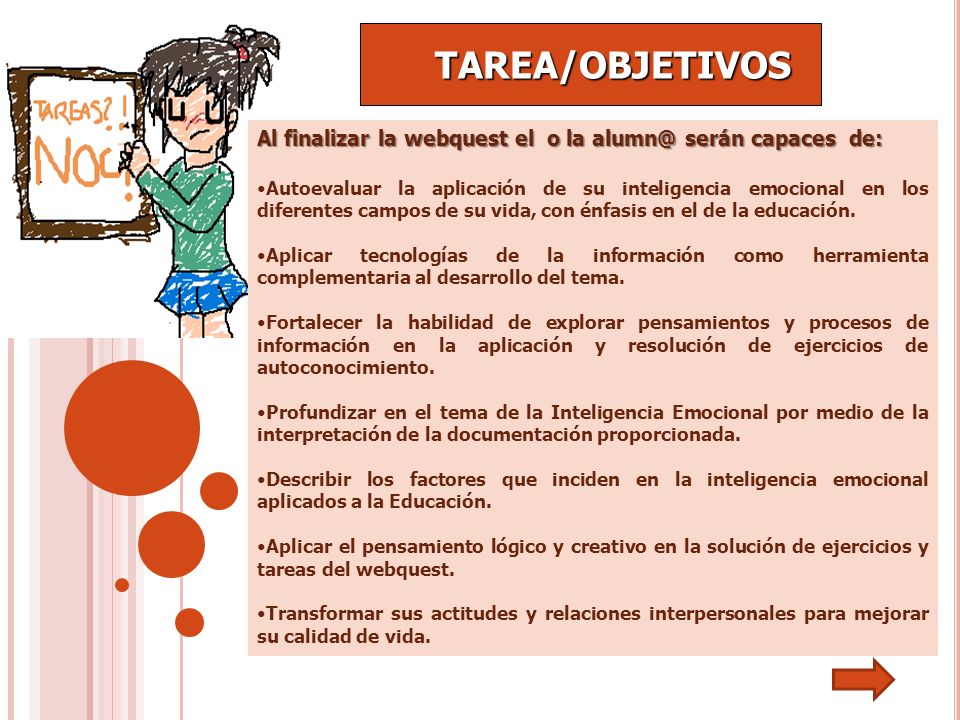 TAREA/OBJETIVOS Al finalizar la webquest el o la serán capaces de: