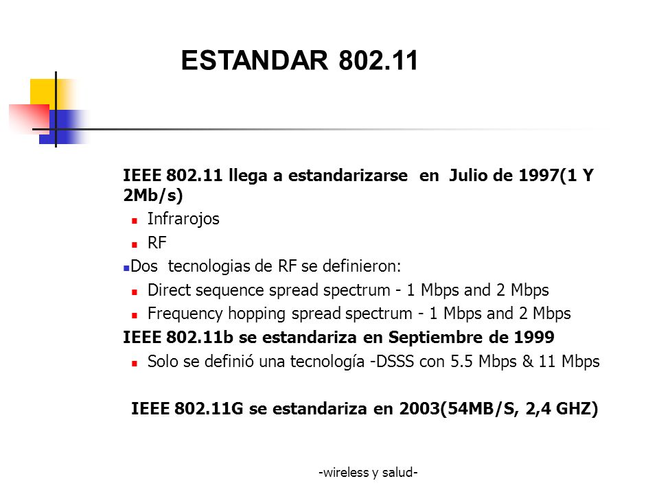 ESTANDAR IEEE llega a estandarizarse en Julio de 1997(1 Y 2Mb/s) Infrarojos. RF. Dos tecnologias de RF se definieron: