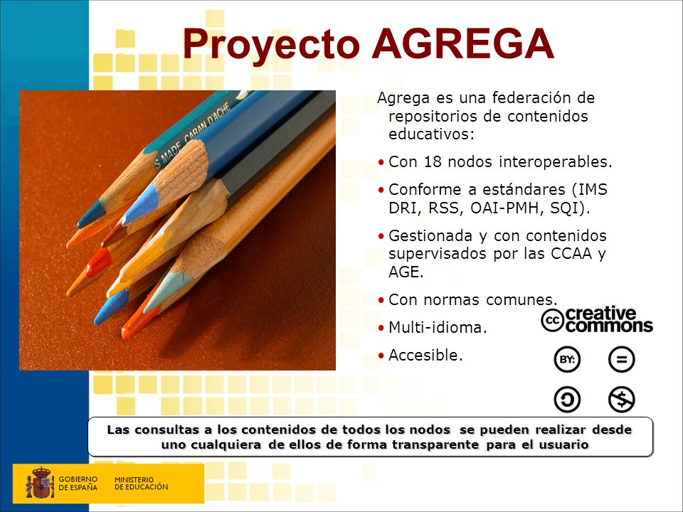 Proyecto AGREGA Agrega es una federación de repositorios de contenidos educativos: Con 18 nodos interoperables.