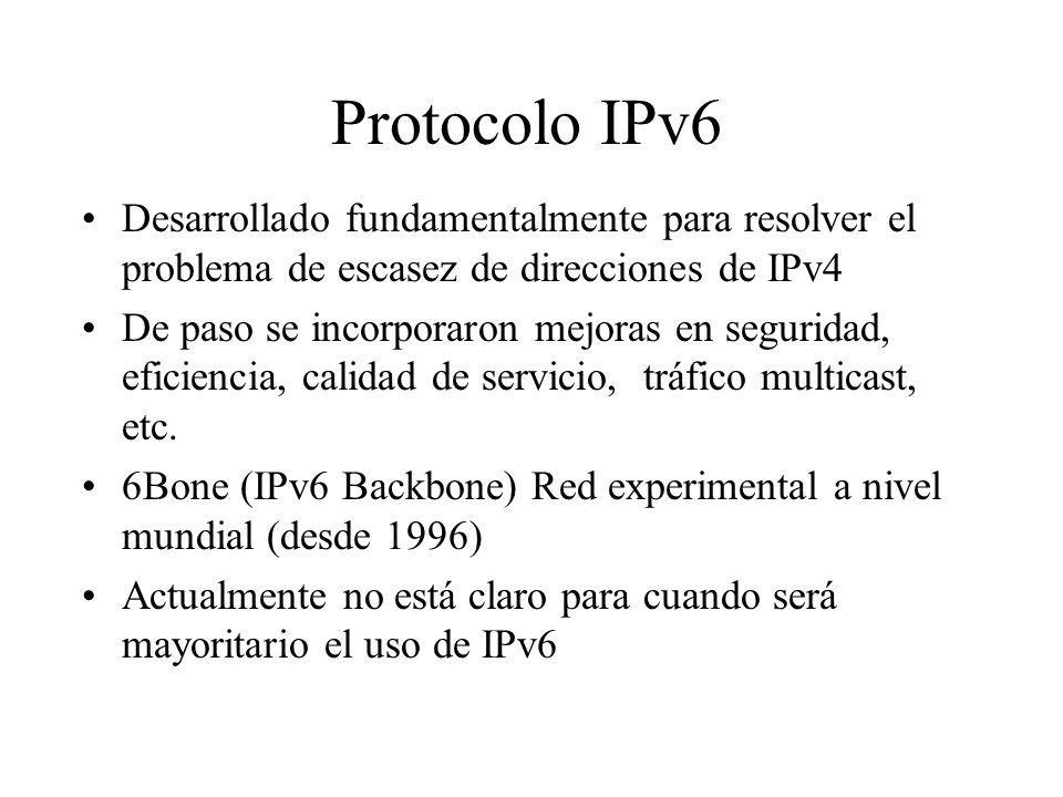 Protocolo IPv6 Desarrollado fundamentalmente para resolver el problema de escasez de direcciones de IPv4.