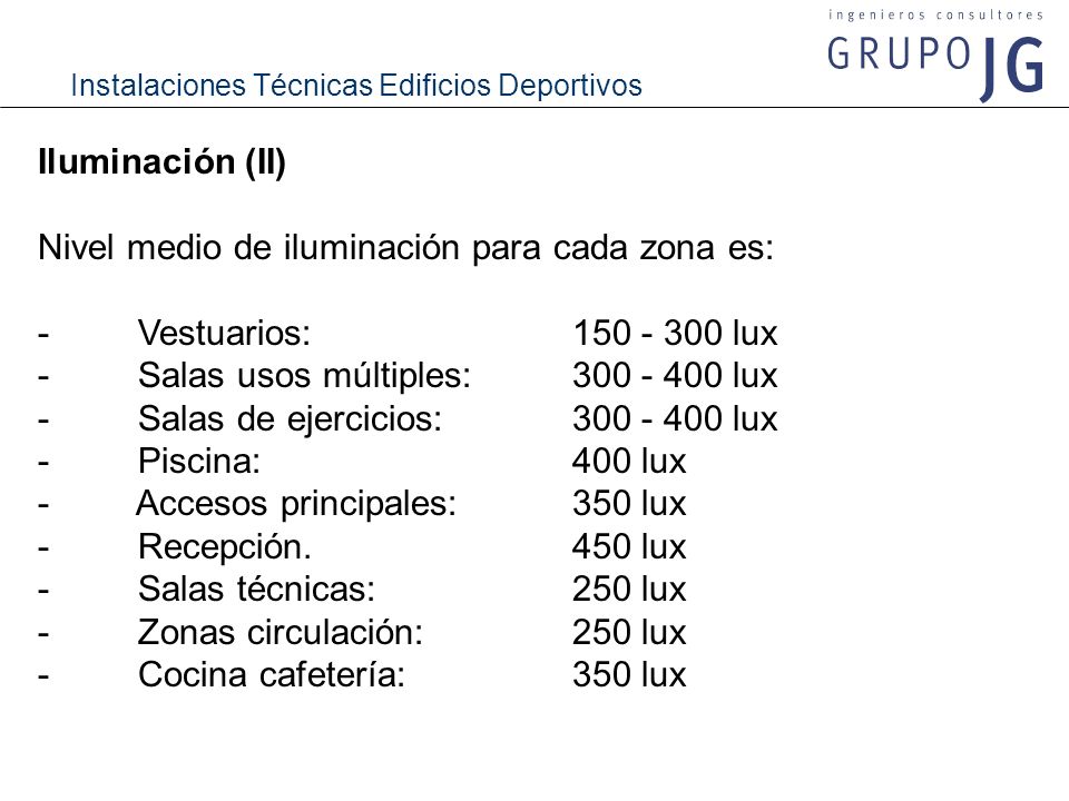 Iluminación (II) Nivel medio de iluminación para cada zona es: - Vestuarios: lux.