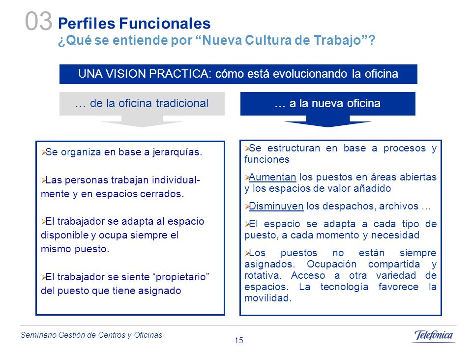 03 Perfiles Funcionales ¿Qué se entiende por Nueva Cultura de Trabajo UNA VISION PRACTICA: cómo está evolucionando la oficina.