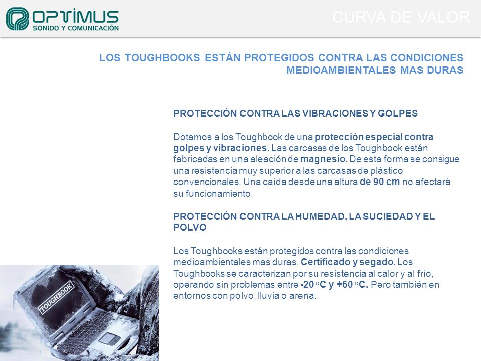 CURVA DE VALOR lOs Toughbooks están protegidos contra lAs condiciones medioambientales MAS duras. PROTECCIÓN CONTRA LAS VIBRACIONES Y GOLPES.