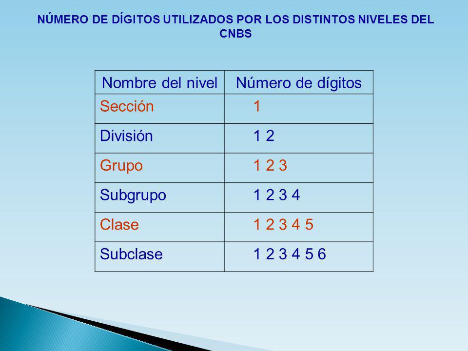 NÚMERO DE DÍGITOS UTILIZADOS POR LOS DISTINTOS NIVELES DEL CNBS