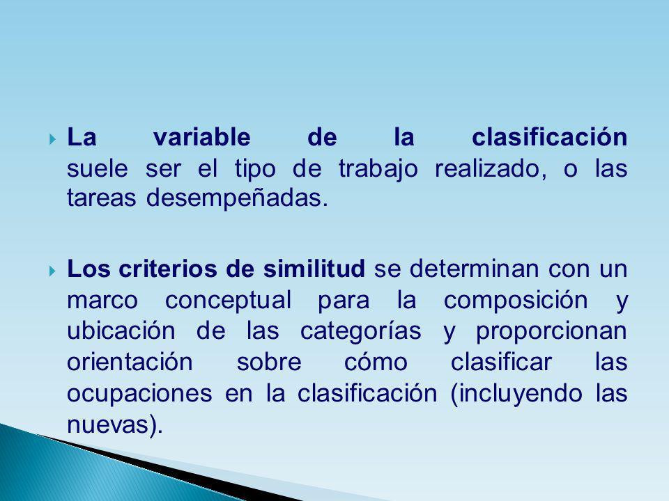La variable de la clasificación suele ser el tipo de trabajo realizado, o las tareas desempeñadas.