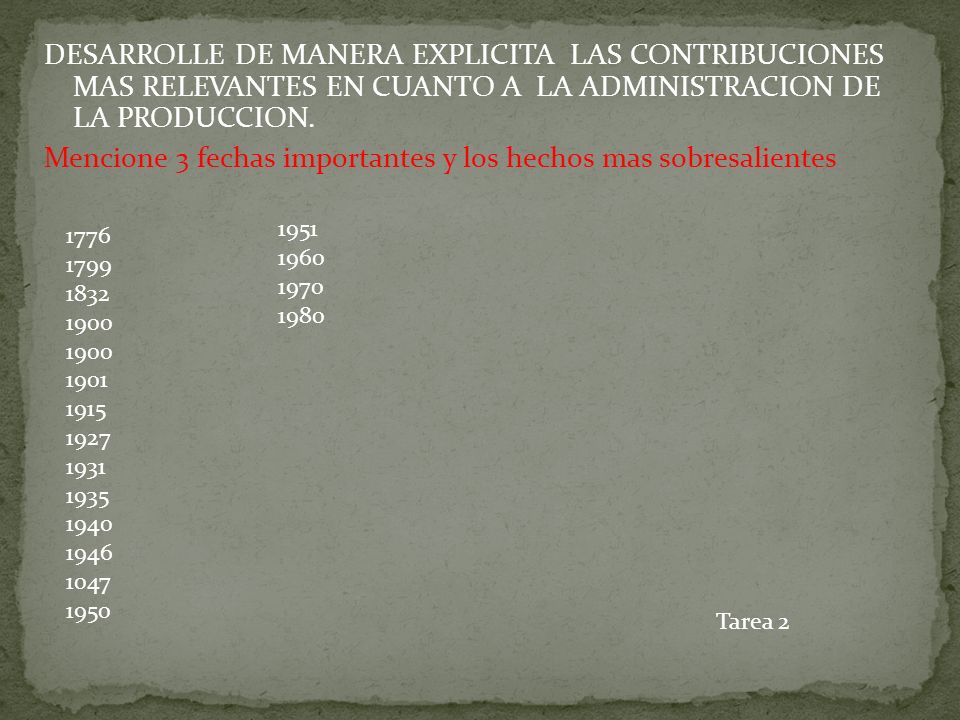 DESARROLLE DE MANERA EXPLICITA LAS CONTRIBUCIONES MAS RELEVANTES EN CUANTO A LA ADMINISTRACION DE LA PRODUCCION. Mencione 3 fechas importantes y los hechos mas sobresalientes