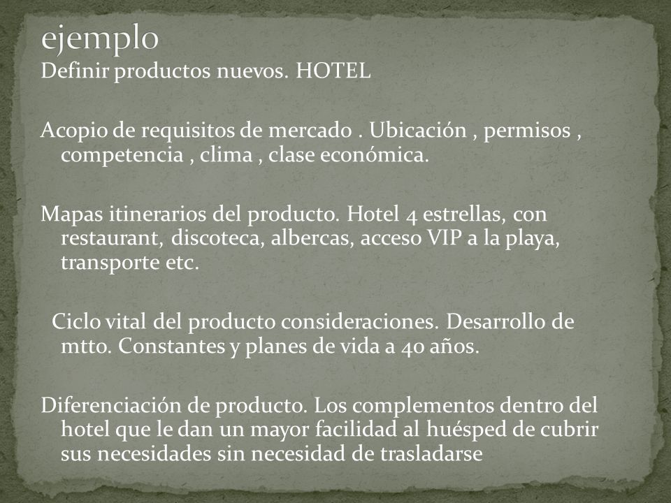 ejemplo Definir productos nuevos. HOTEL