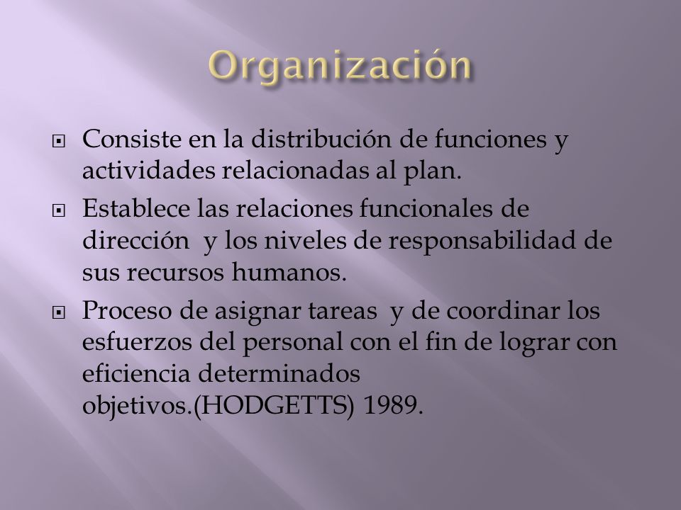 Organización Consiste en la distribución de funciones y actividades relacionadas al plan.