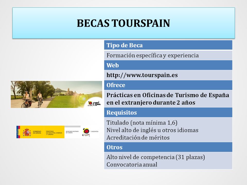 BECAS TOURSPAIN Tipo de Beca Formación específica y experiencia Web