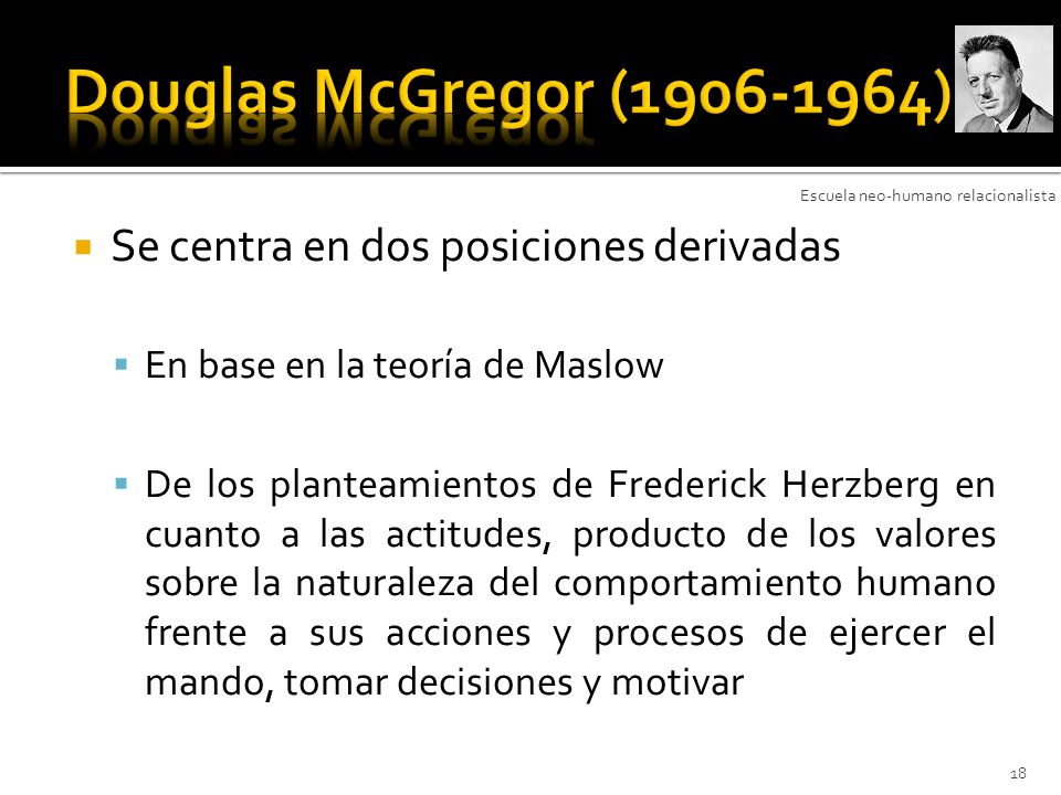 Douglas McGregor ( ) Se centra en dos posiciones derivadas