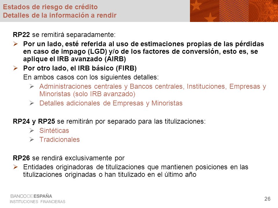 Estados de riesgo de crédito Detalles de la información a rendir