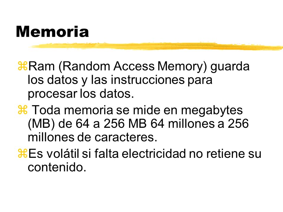 Memoria Ram (Random Access Memory) guarda los datos y las instrucciones para procesar los datos.