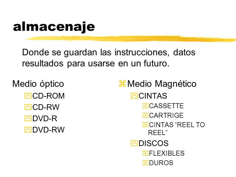 almacenaje Donde se guardan las instrucciones, datos resultados para usarse en un futuro. Medio óptico.