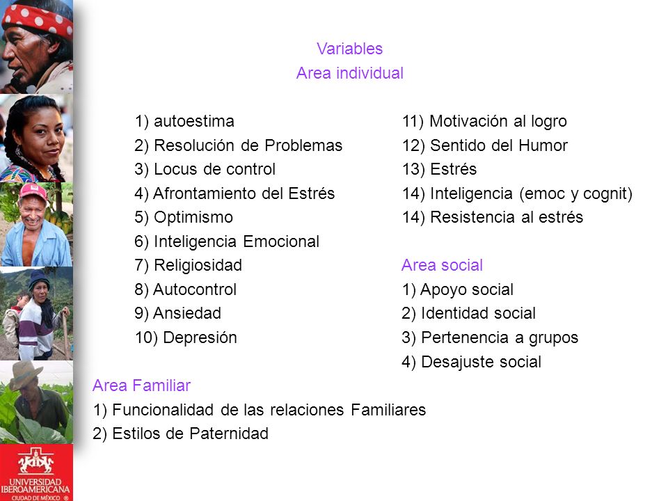 Variables Area individual. 1) autoestima 11) Motivación al logro. 2) Resolución de Problemas 12) Sentido del Humor.