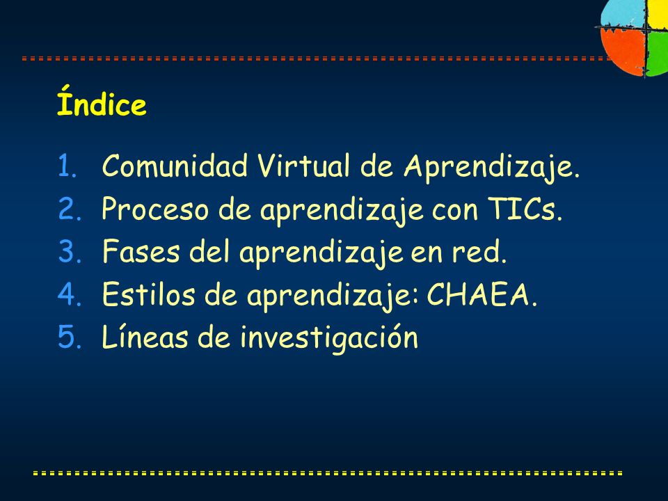 Índice Comunidad Virtual de Aprendizaje. Proceso de aprendizaje con TICs. Fases del aprendizaje en red.