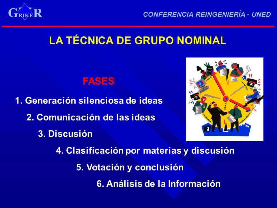 G LA TÉCNICA DE GRUPO NOMINAL FASES 1. Generación silenciosa de ideas