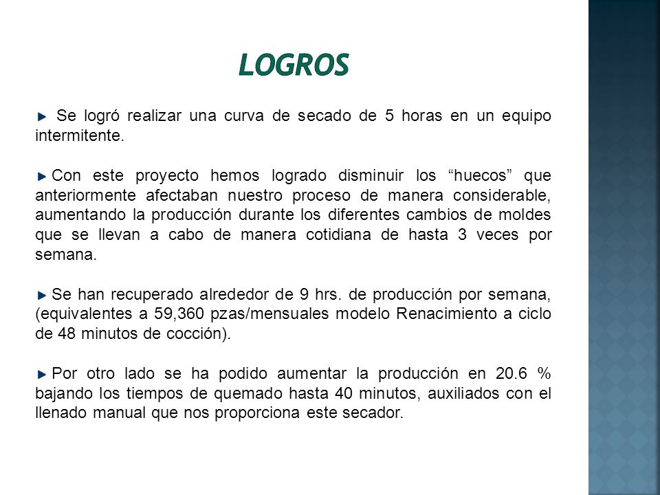 Logros Se logró realizar una curva de secado de 5 horas en un equipo intermitente.