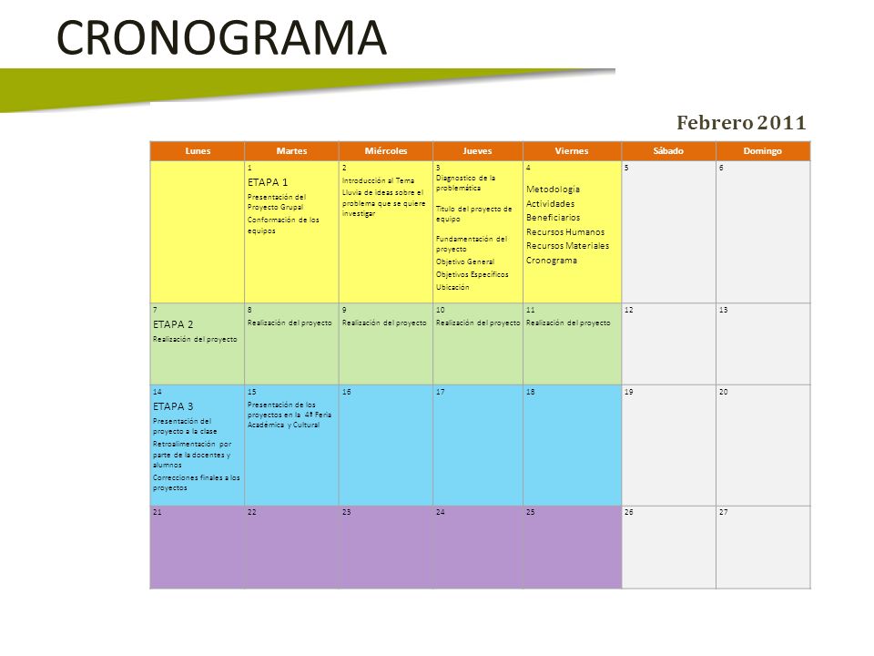 CRONOGRAMA Febrero 2011 ETAPA 1 ETAPA 2 ETAPA 3 Lunes Martes Miércoles
