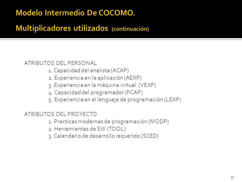 Modelo Intermedio De COCOMO. Multiplicadores utilizados (continuación)
