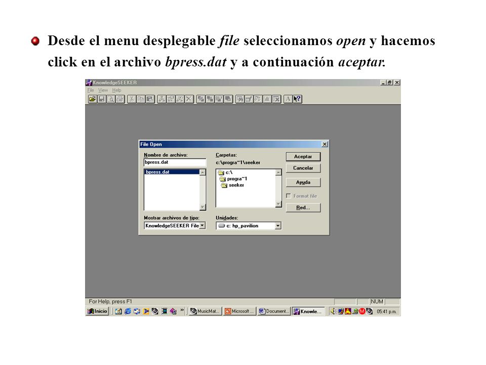 Desde el menu desplegable file seleccionamos open y hacemos click en el archivo bpress.dat y a continuación aceptar.