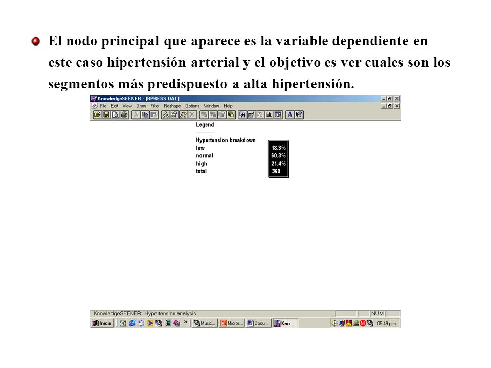 El nodo principal que aparece es la variable dependiente en este caso hipertensión arterial y el objetivo es ver cuales son los segmentos más predispuesto a alta hipertensión.