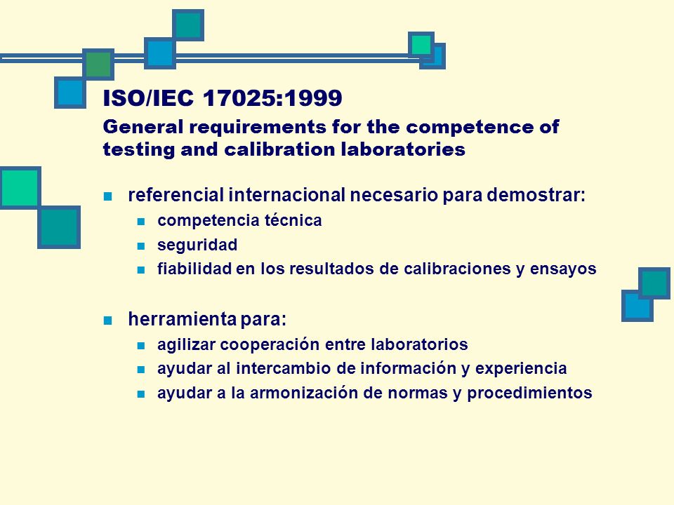 ISO/IEC 17025:1999 General requirements for the competence of testing and calibration laboratories.