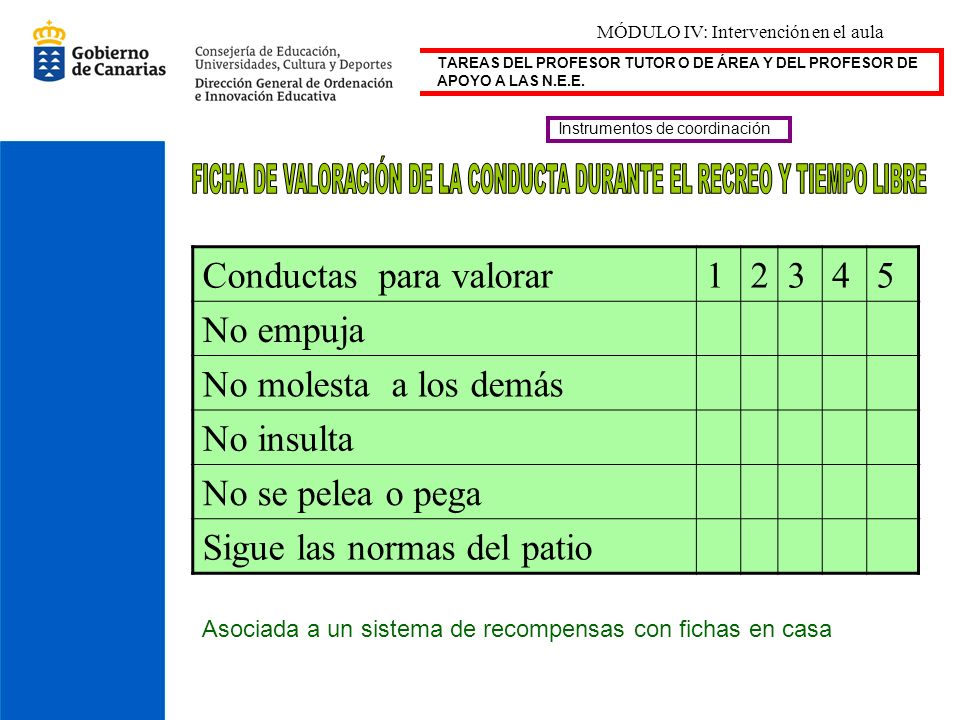 FICHA DE VALORACIÓN DE LA CONDUCTA DURANTE EL RECREO Y TIEMPO LIBRE