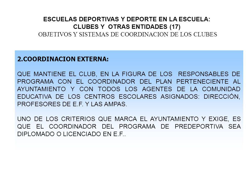 ESCUELAS DEPORTIVAS Y DEPORTE EN LA ESCUELA: CLUBES Y OTRAS ENTIDADES (17) OBJETIVOS Y SISTEMAS DE COORDINACION DE LOS CLUBES