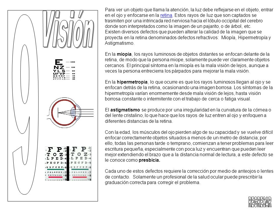 Para ver un objeto que llama la atención, la luz debe reflejarse en el objeto, entrar en el ojo y enfocarse en la retina. Estos rayos de luz que son captados se trasmiten por una intrincada red nerviosa hacia el lóbulo occipital del cerebro donde son interpretados como la imagen de un pajarito, o de árbol, etc. Existen diversos defectos que pueden alterar la calidad de la imagen que se proyecta en la retina denominados defectos refractivos: Miopía, Hipermetropía y Astigmatismo.