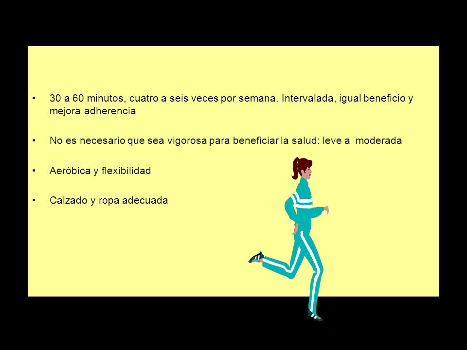 30 a 60 minutos, cuatro a seis veces por semana