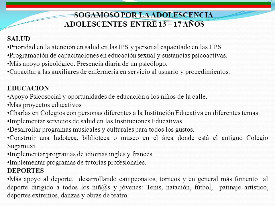 SOGAMOSO POR LA ADOLESCENCIA ADOLESCENTES ENTRE 13 – 17 AÑOS