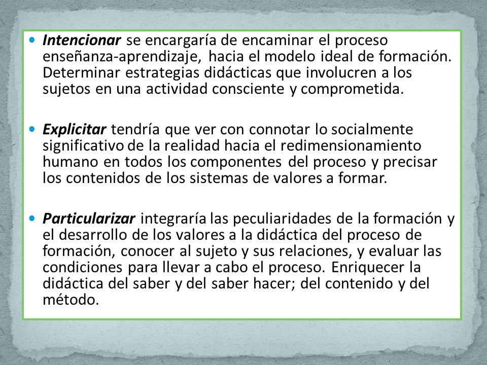 Intencionar se encargaría de encaminar el proceso enseñanza-aprendizaje, hacia el modelo ideal de formación. Determinar estrategias didácticas que involucren a los sujetos en una actividad consciente y comprometida.