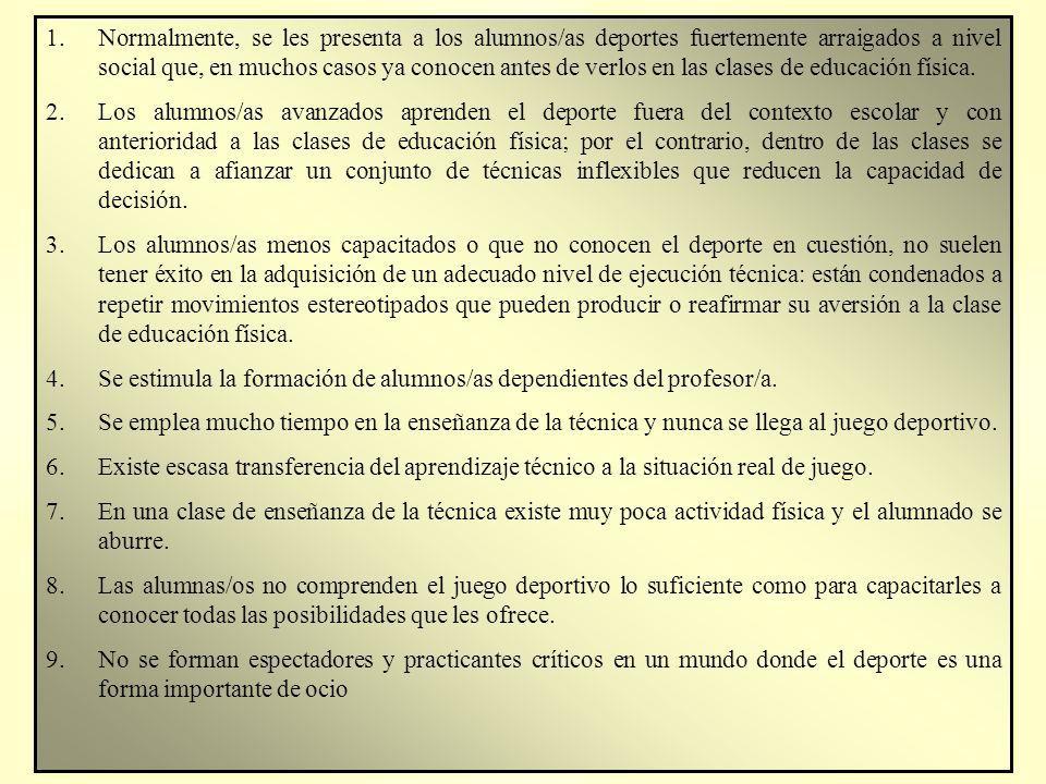 1. Normalmente, se les presenta a los alumnos/as deportes fuertemente arraigados a nivel social que, en muchos casos ya conocen antes de verlos en las clases de educación física.