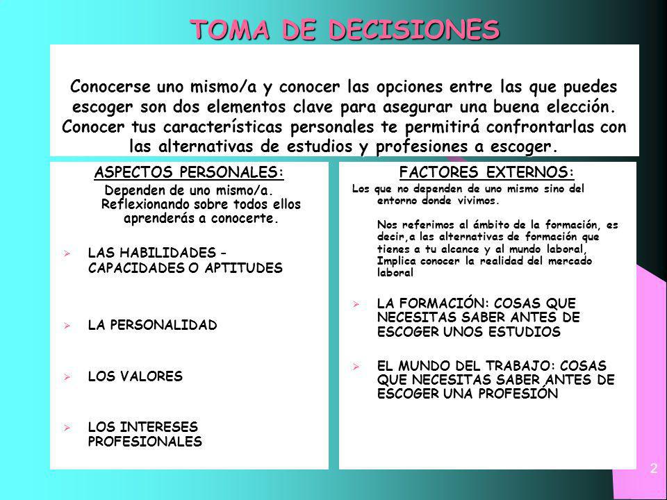 TOMA DE DECISIONES Conocerse uno mismo/a y conocer las opciones entre las que puedes escoger son dos elementos clave para asegurar una buena elección. Conocer tus características personales te permitirá confrontarlas con las alternativas de estudios y profesiones a escoger.