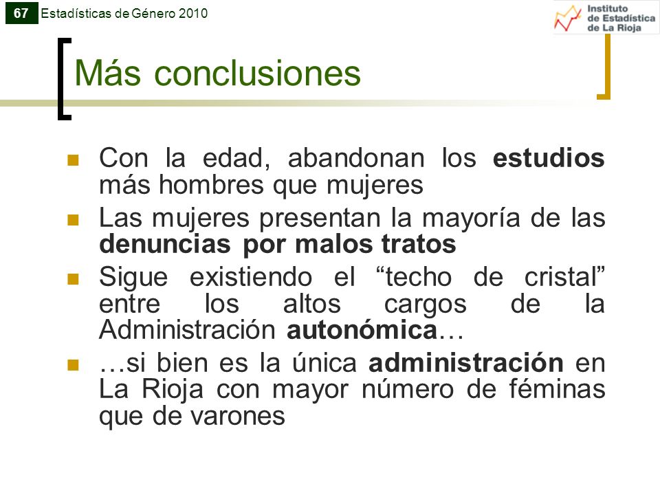 67 Estadísticas de Género Más conclusiones. Con la edad, abandonan los estudios más hombres que mujeres.