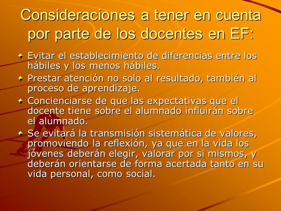 Consideraciones a tener en cuenta por parte de los docentes en EF: