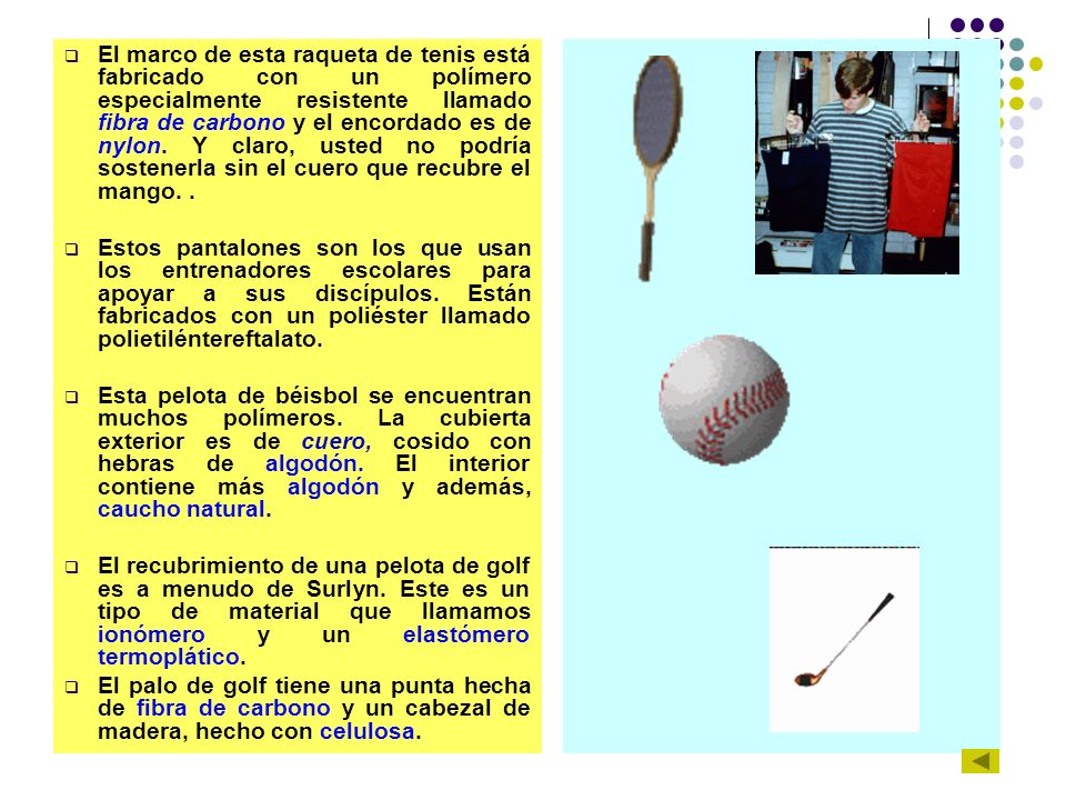 El marco de esta raqueta de tenis está fabricado con un polímero especialmente resistente llamado fibra de carbono y el encordado es de nylon. Y claro, usted no podría sostenerla sin el cuero que recubre el mango. .