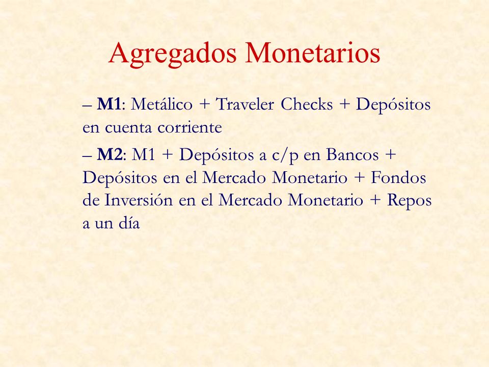 Agregados Monetarios M1: Metálico + Traveler Checks + Depósitos en cuenta corriente.