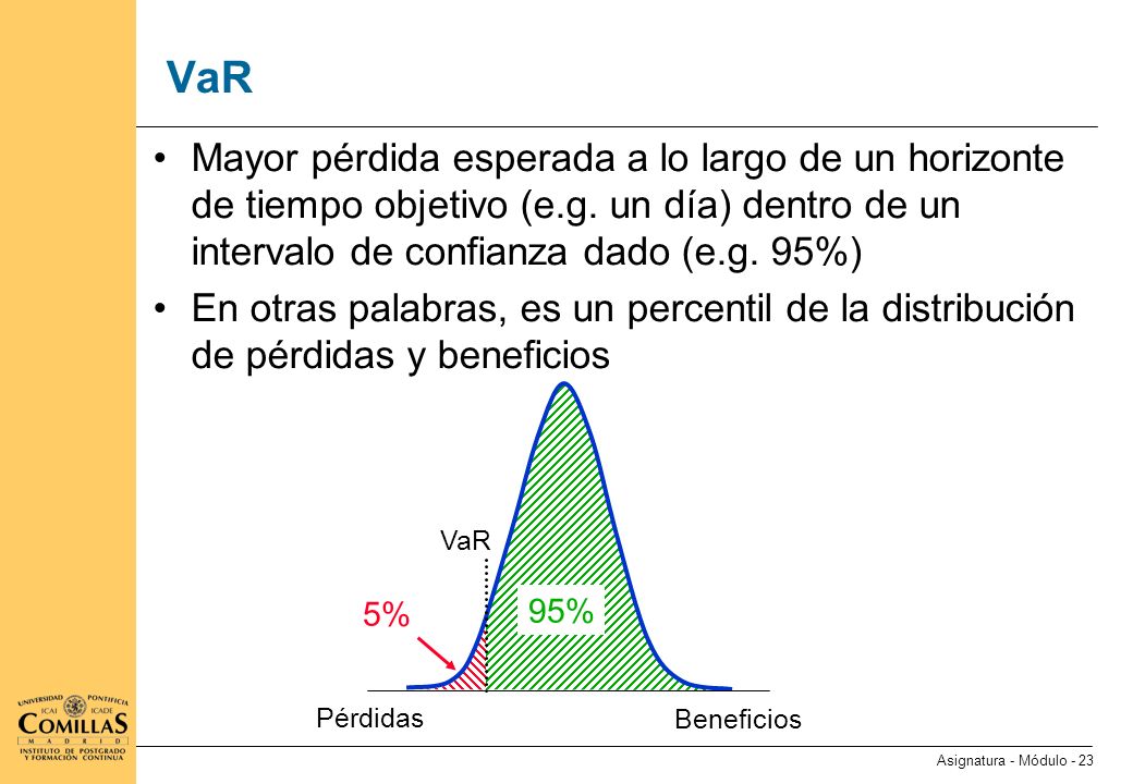 VaR (ii) Es una medida general desarrollada para evaluar y comparar el riesgo asociado a productos financieros y el riesgo agregado de una cartera.
