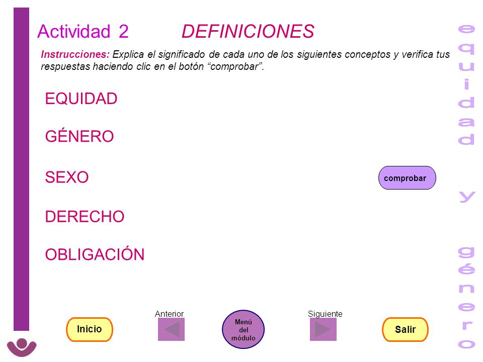 equidad y género Actividad 2 DEFINICIONES EQUIDAD GÉNERO SEXO DERECHO
